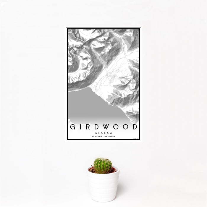 12x18 Girdwood Alaska Map Print Portrait Orientation in Classic Style With Small Cactus Plant in White Planter