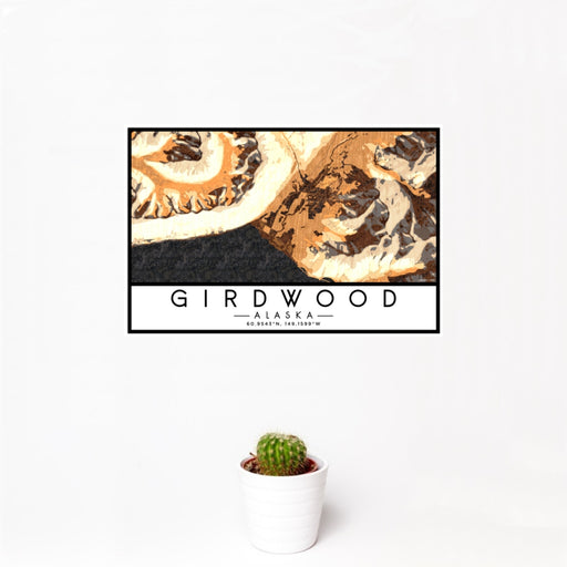 12x18 Girdwood Alaska Map Print Landscape Orientation in Ember Style With Small Cactus Plant in White Planter