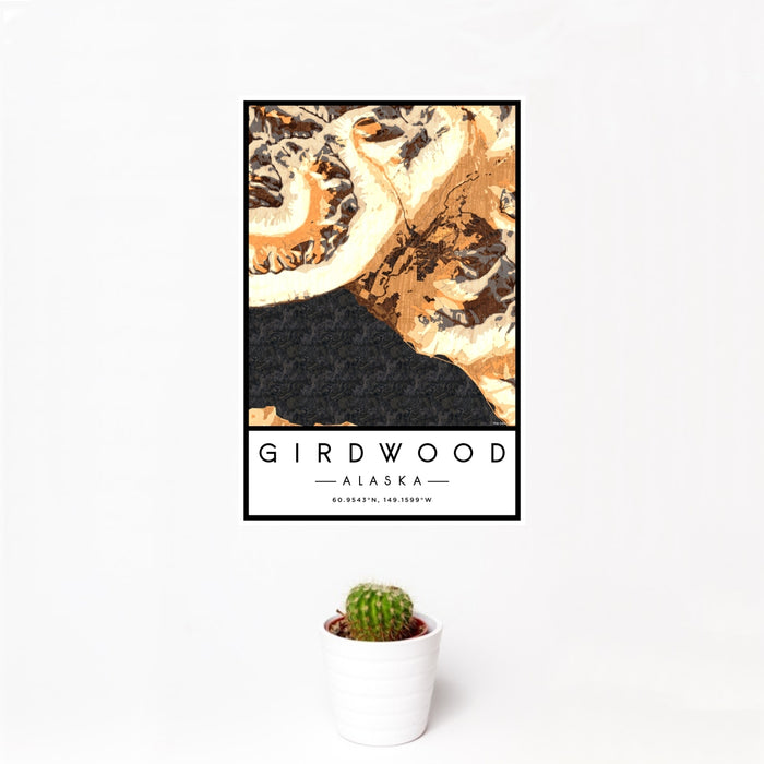 12x18 Girdwood Alaska Map Print Portrait Orientation in Ember Style With Small Cactus Plant in White Planter