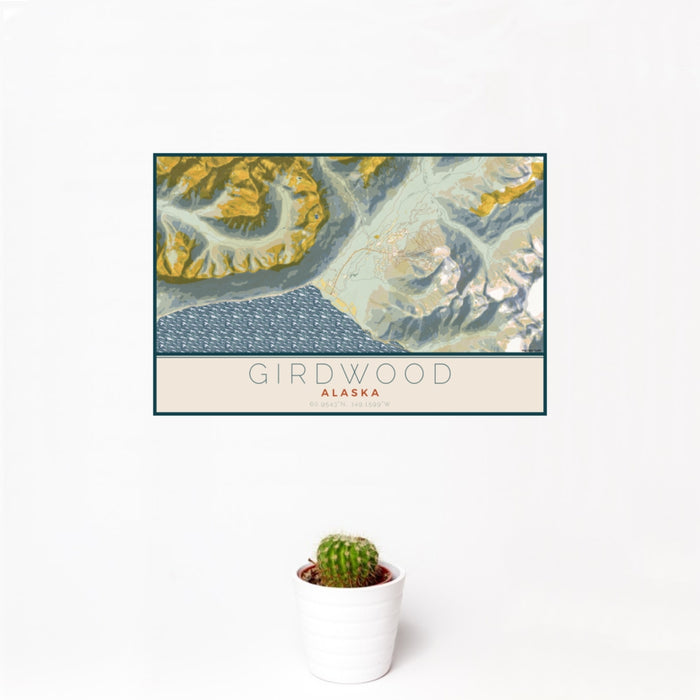 12x18 Girdwood Alaska Map Print Landscape Orientation in Woodblock Style With Small Cactus Plant in White Planter