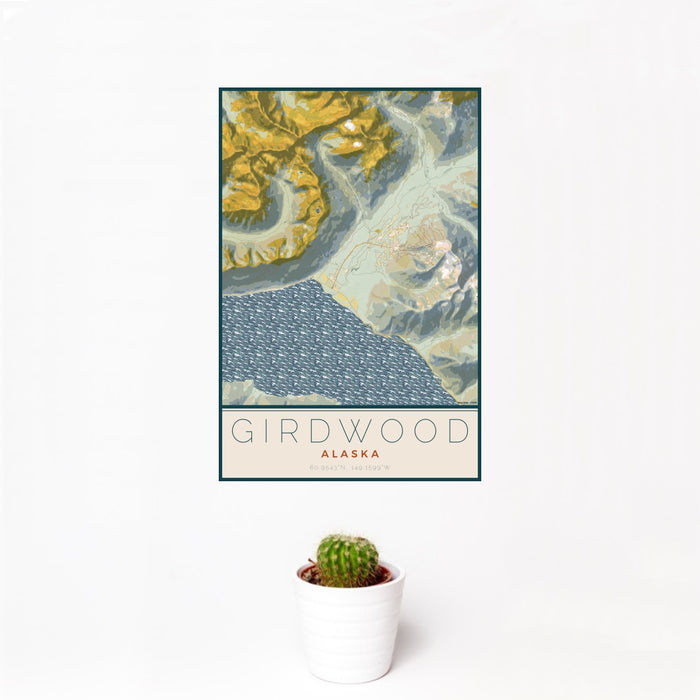 12x18 Girdwood Alaska Map Print Portrait Orientation in Woodblock Style With Small Cactus Plant in White Planter