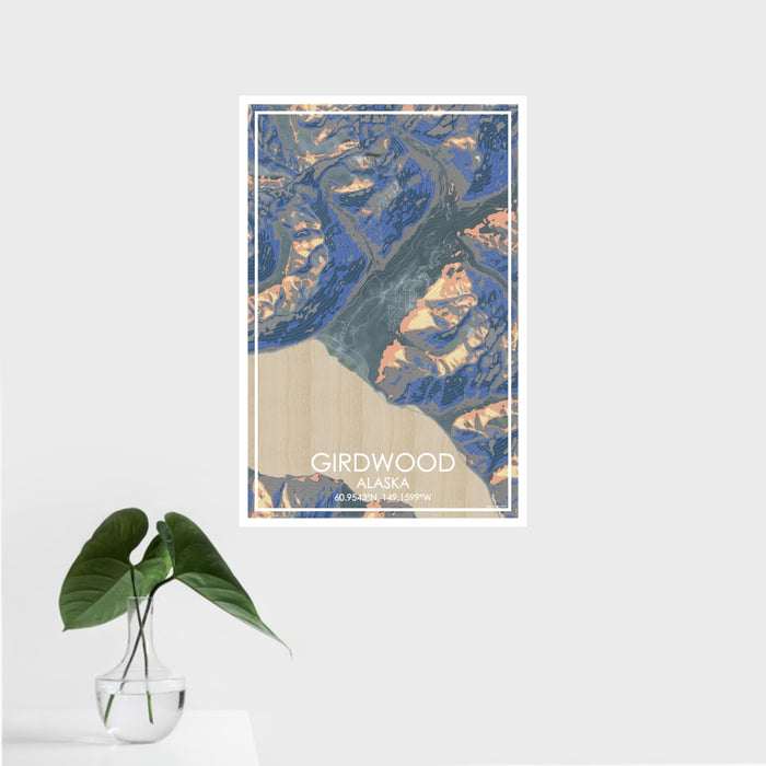 16x24 Girdwood Alaska Map Print Portrait Orientation in Afternoon Style With Tropical Plant Leaves in Water