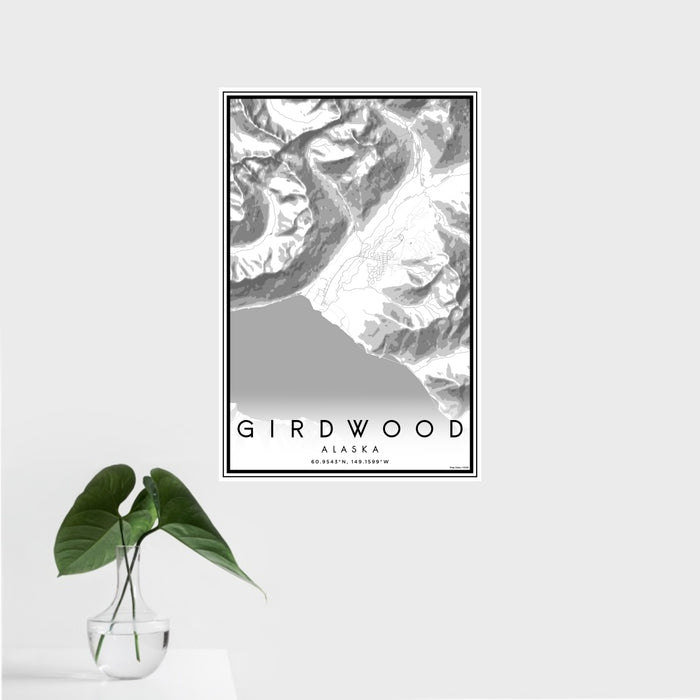 16x24 Girdwood Alaska Map Print Portrait Orientation in Classic Style With Tropical Plant Leaves in Water