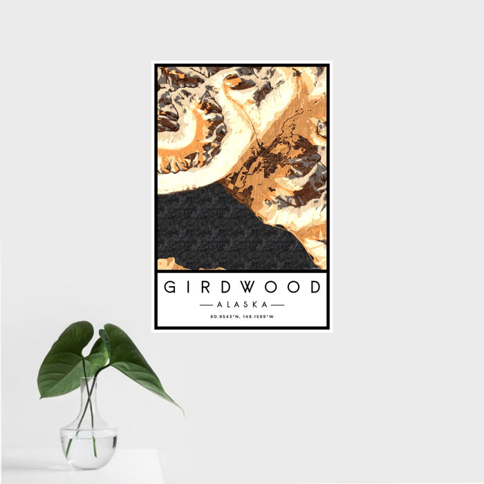 16x24 Girdwood Alaska Map Print Portrait Orientation in Ember Style With Tropical Plant Leaves in Water