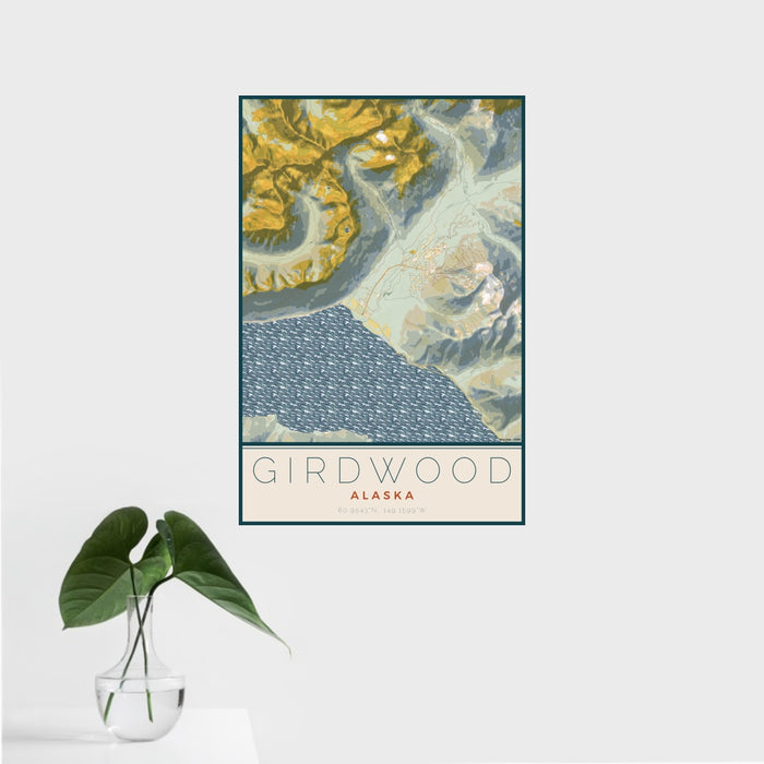 16x24 Girdwood Alaska Map Print Portrait Orientation in Woodblock Style With Tropical Plant Leaves in Water