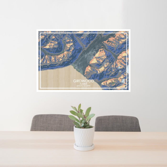 24x36 Girdwood Alaska Map Print Lanscape Orientation in Afternoon Style Behind 2 Chairs Table and Potted Plant