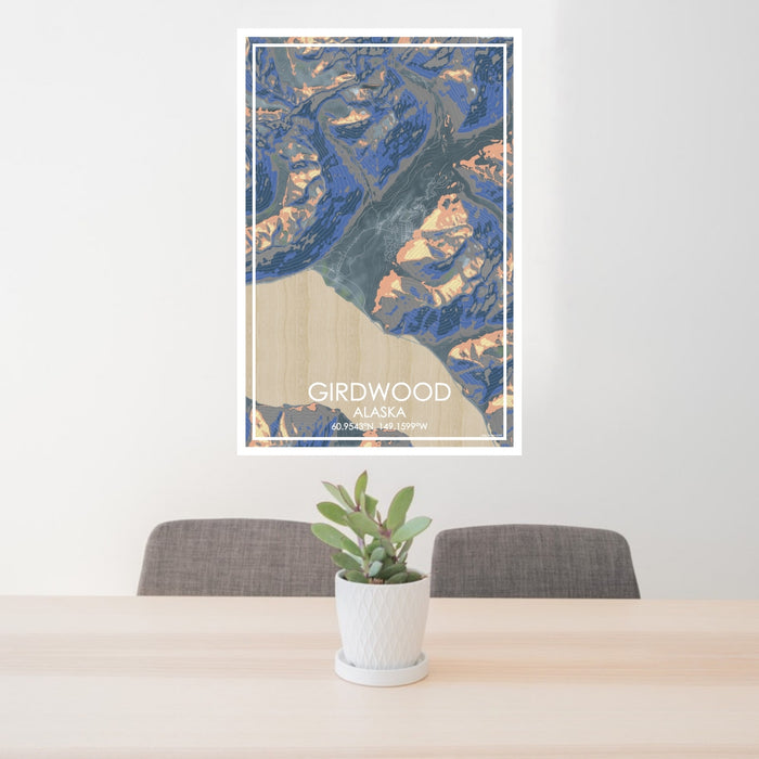 24x36 Girdwood Alaska Map Print Portrait Orientation in Afternoon Style Behind 2 Chairs Table and Potted Plant