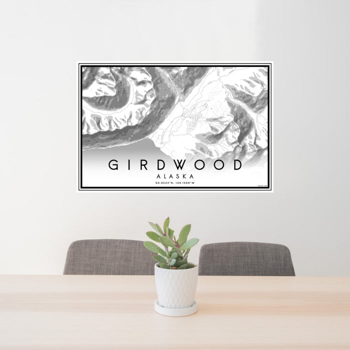 24x36 Girdwood Alaska Map Print Lanscape Orientation in Classic Style Behind 2 Chairs Table and Potted Plant