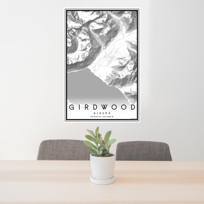 24x36 Girdwood Alaska Map Print Portrait Orientation in Classic Style Behind 2 Chairs Table and Potted Plant