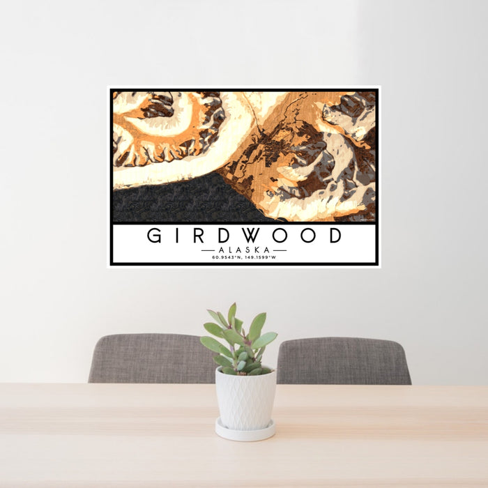 24x36 Girdwood Alaska Map Print Lanscape Orientation in Ember Style Behind 2 Chairs Table and Potted Plant