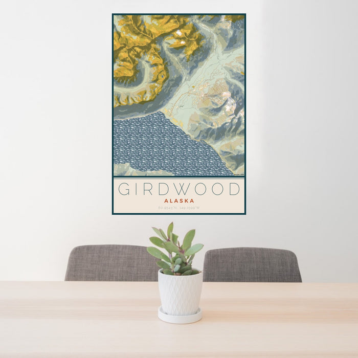 24x36 Girdwood Alaska Map Print Portrait Orientation in Woodblock Style Behind 2 Chairs Table and Potted Plant