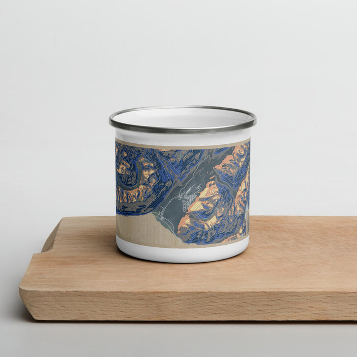 Front View Custom Girdwood Alaska Map Enamel Mug in Afternoon on Cutting Board