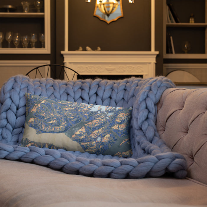 Custom Girdwood Alaska Map Throw Pillow in Afternoon on Blue Colored Chair