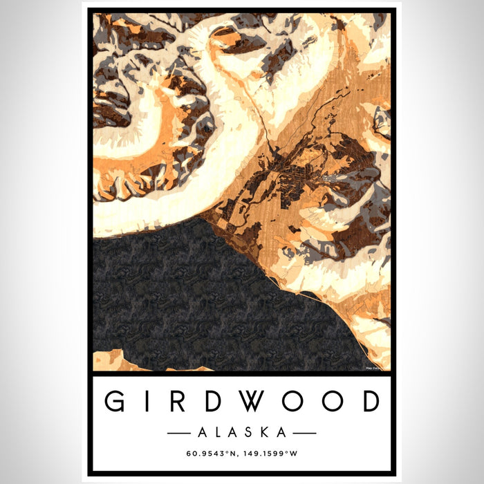 Girdwood Alaska Map Print Portrait Orientation in Ember Style With Shaded Background