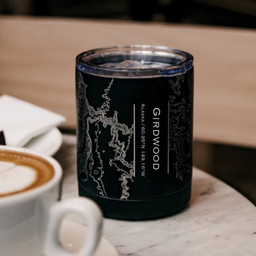 Girdwood Alaska Custom Engraved City Map Inscription Coordinates on 10oz Stainless Steel Insulated Cup with Sliding Lid in Black