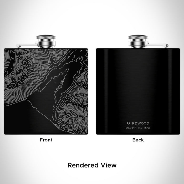 Rendered View of Girdwood Alaska Map Engraving on 6oz Stainless Steel Flask in Black