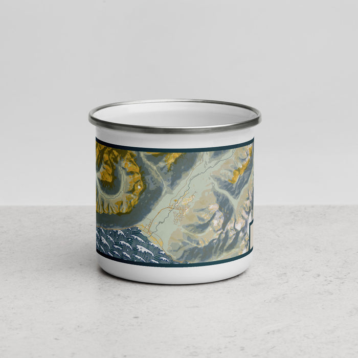 Front View Custom Girdwood Alaska Map Enamel Mug in Woodblock