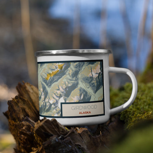 Right View Custom Girdwood Alaska Map Enamel Mug in Woodblock on Grass With Trees in Background