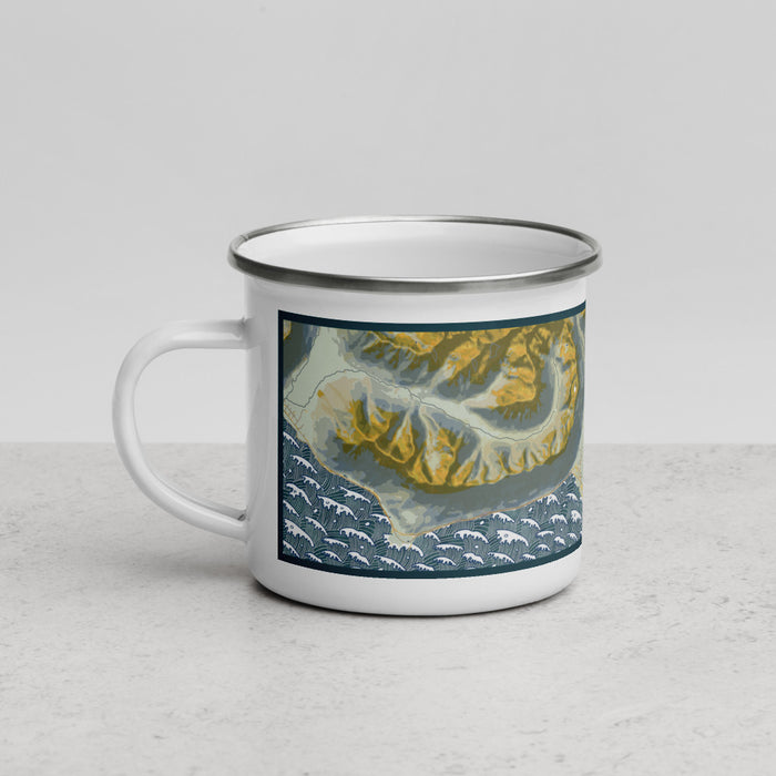 Left View Custom Girdwood Alaska Map Enamel Mug in Woodblock