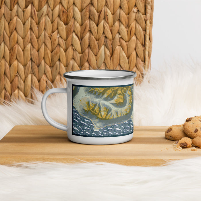 Left View Custom Girdwood Alaska Map Enamel Mug in Woodblock on Table Top