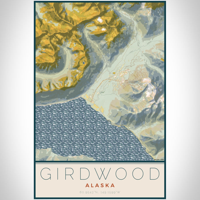 Girdwood Alaska Map Print Portrait Orientation in Woodblock Style With Shaded Background