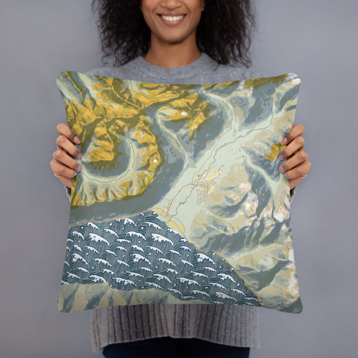 Person holding 18x18 Custom Girdwood Alaska Map Throw Pillow in Woodblock