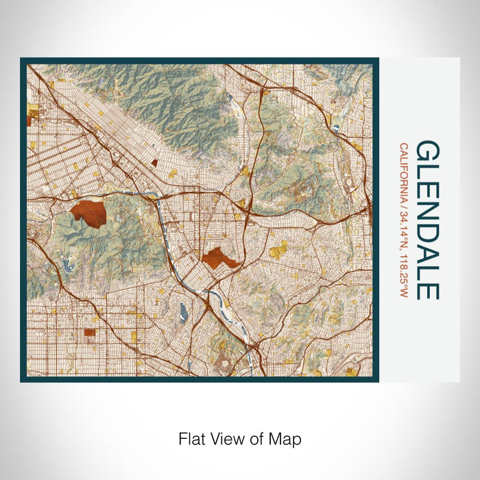 Rendered View of Glendale California Map on 20oz Stainless Steel Insulated Bottle with Bamboo Top with printed woodblock style map