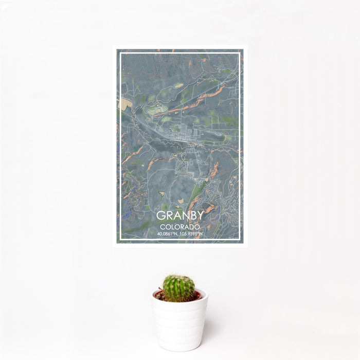 12x18 Granby Colorado Map Print Portrait Orientation in Afternoon Style With Small Cactus Plant in White Planter