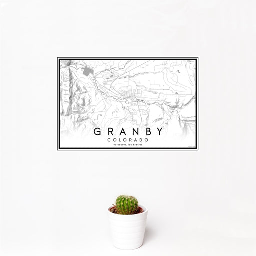 12x18 Granby Colorado Map Print Landscape Orientation in Classic Style With Small Cactus Plant in White Planter