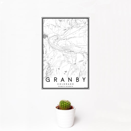 12x18 Granby Colorado Map Print Portrait Orientation in Classic Style With Small Cactus Plant in White Planter
