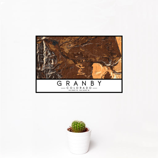 12x18 Granby Colorado Map Print Landscape Orientation in Ember Style With Small Cactus Plant in White Planter