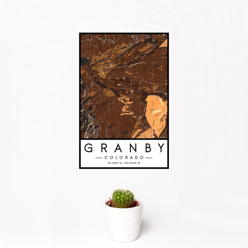 12x18 Granby Colorado Map Print Portrait Orientation in Ember Style With Small Cactus Plant in White Planter