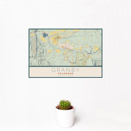 12x18 Granby Colorado Map Print Landscape Orientation in Woodblock Style With Small Cactus Plant in White Planter