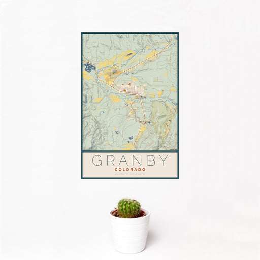 12x18 Granby Colorado Map Print Portrait Orientation in Woodblock Style With Small Cactus Plant in White Planter