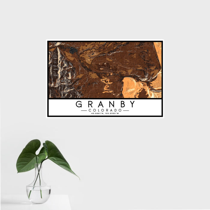 16x24 Granby Colorado Map Print Landscape Orientation in Ember Style With Tropical Plant Leaves in Water
