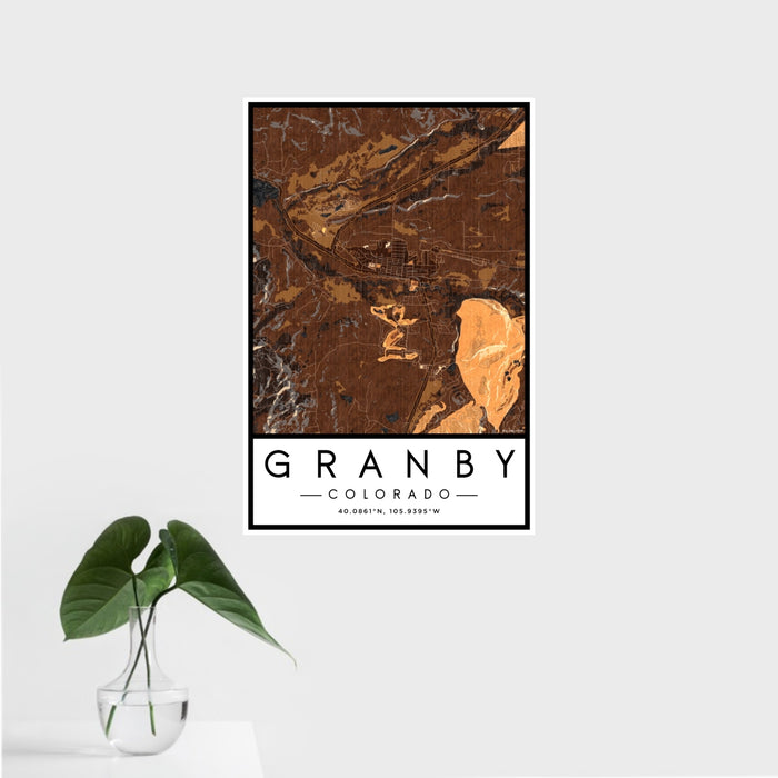 16x24 Granby Colorado Map Print Portrait Orientation in Ember Style With Tropical Plant Leaves in Water