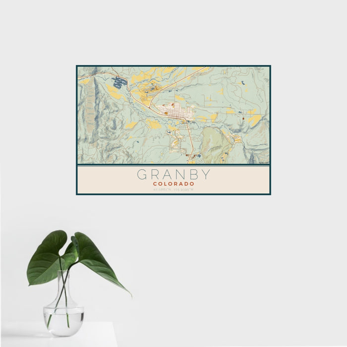 16x24 Granby Colorado Map Print Landscape Orientation in Woodblock Style With Tropical Plant Leaves in Water