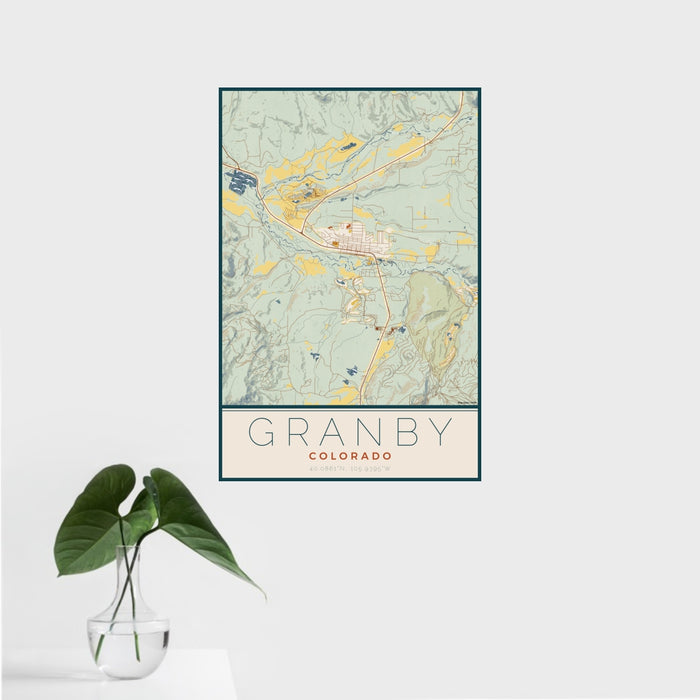 16x24 Granby Colorado Map Print Portrait Orientation in Woodblock Style With Tropical Plant Leaves in Water