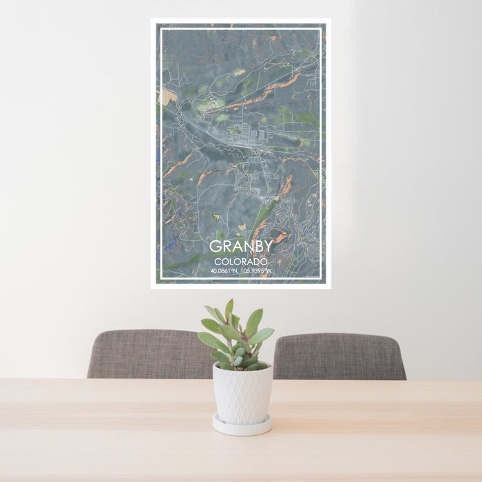 24x36 Granby Colorado Map Print Portrait Orientation in Afternoon Style Behind 2 Chairs Table and Potted Plant