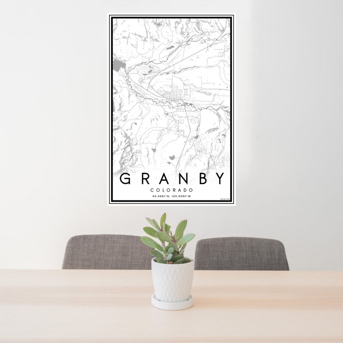 24x36 Granby Colorado Map Print Portrait Orientation in Classic Style Behind 2 Chairs Table and Potted Plant