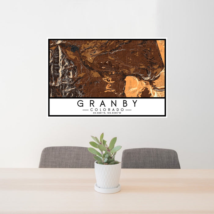 24x36 Granby Colorado Map Print Lanscape Orientation in Ember Style Behind 2 Chairs Table and Potted Plant