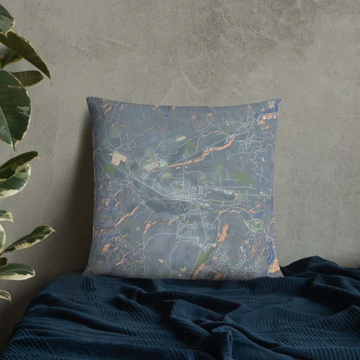 Custom Granby Colorado Map Throw Pillow in Afternoon on Bedding Against Wall