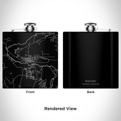Rendered View of Granby Colorado Map Engraving on 6oz Stainless Steel Flask in Black