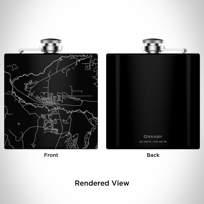 Rendered View of Granby Colorado Map Engraving on 6oz Stainless Steel Flask in Black