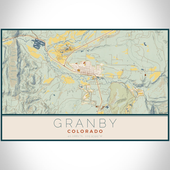 Granby Colorado Map Print Landscape Orientation in Woodblock Style With Shaded Background