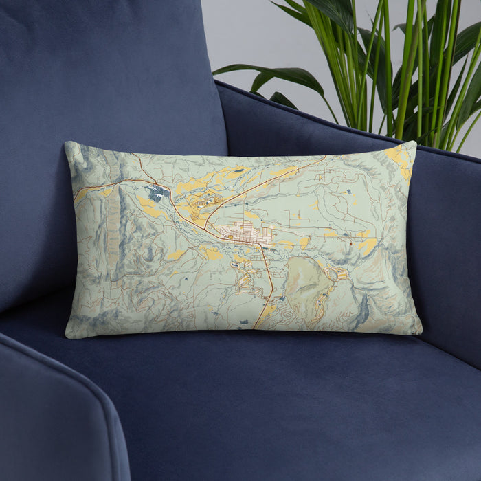 Custom Granby Colorado Map Throw Pillow in Woodblock on Blue Colored Chair
