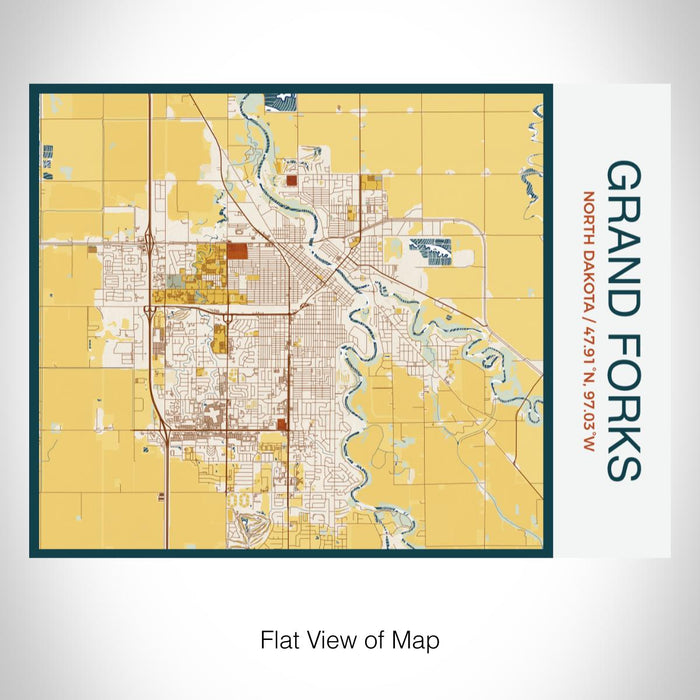 Rendered View of Grand Forks North Dakota Map on 20oz Stainless Steel Insulated Bottle with Bamboo Top with printed woodblock style map