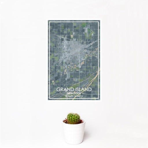 12x18 Grand Island Nebraska Map Print Portrait Orientation in Afternoon Style With Small Cactus Plant in White Planter