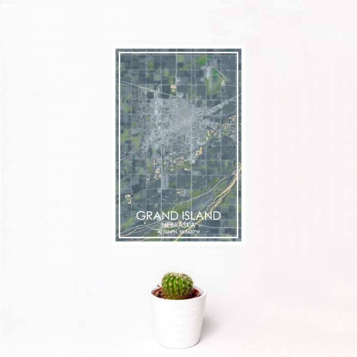 12x18 Grand Island Nebraska Map Print Portrait Orientation in Afternoon Style With Small Cactus Plant in White Planter