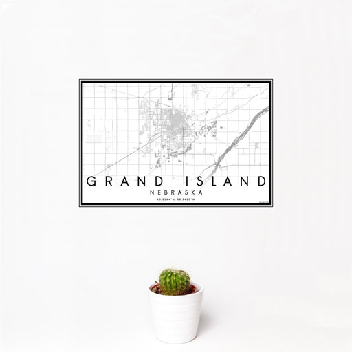 12x18 Grand Island Nebraska Map Print Landscape Orientation in Classic Style With Small Cactus Plant in White Planter